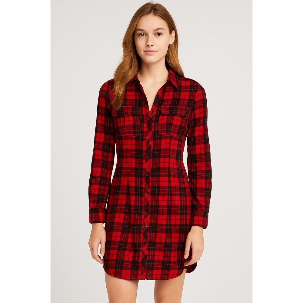 Zara Woman Premium Denim Collection Red Black Plaid Shirt Dress XS Christmas